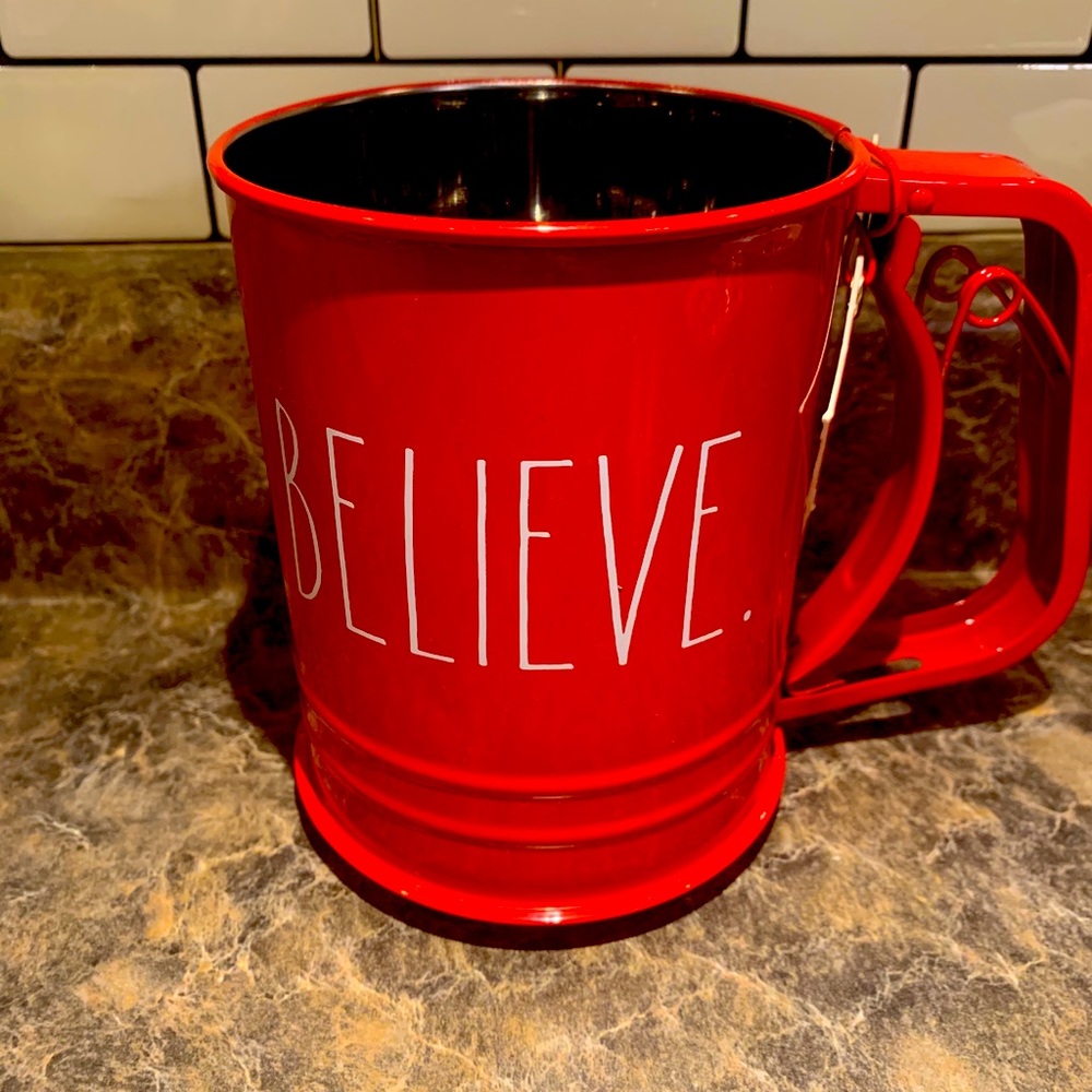 Rae Dunn Christmas red sifter reads: Believe